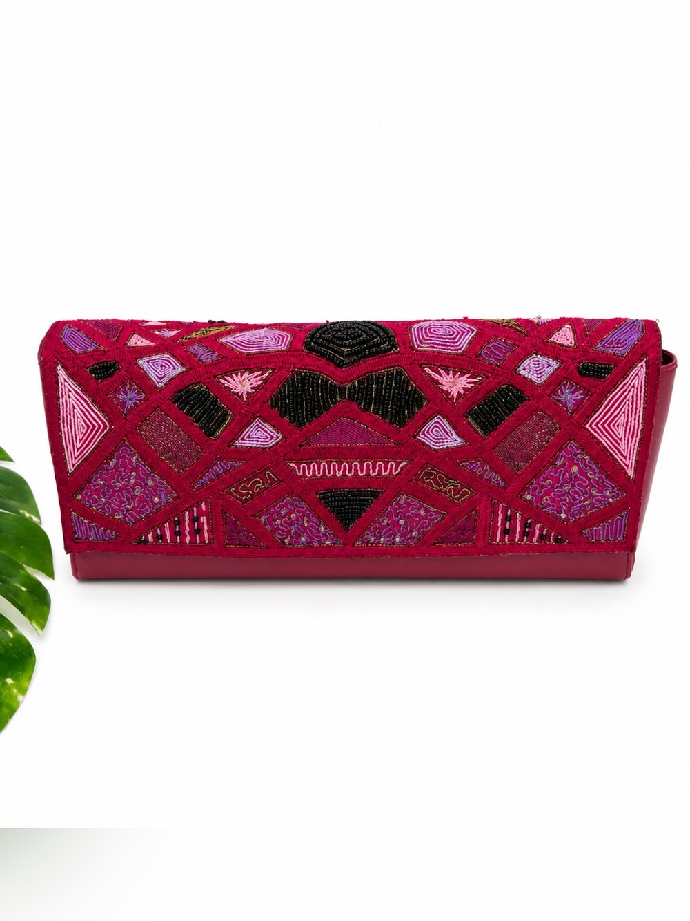 Art Deco Beaded Clutch Bag Embroidered Pink Magenta Geometric Evening Purse